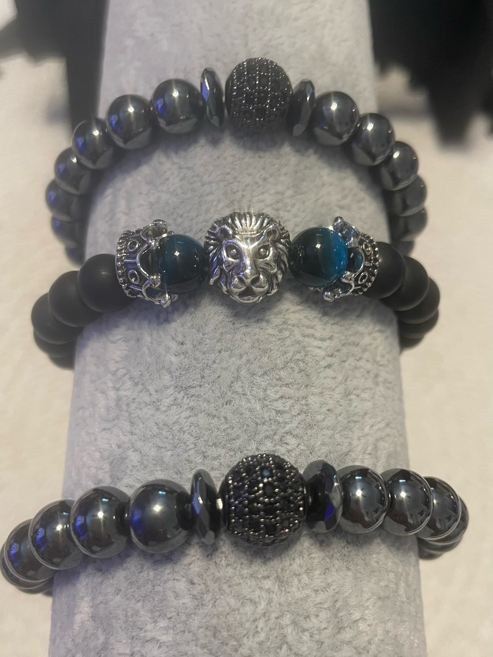 Men's 3 piece Black Hematite and Matte Onyx Bracelet Set with charms & accents